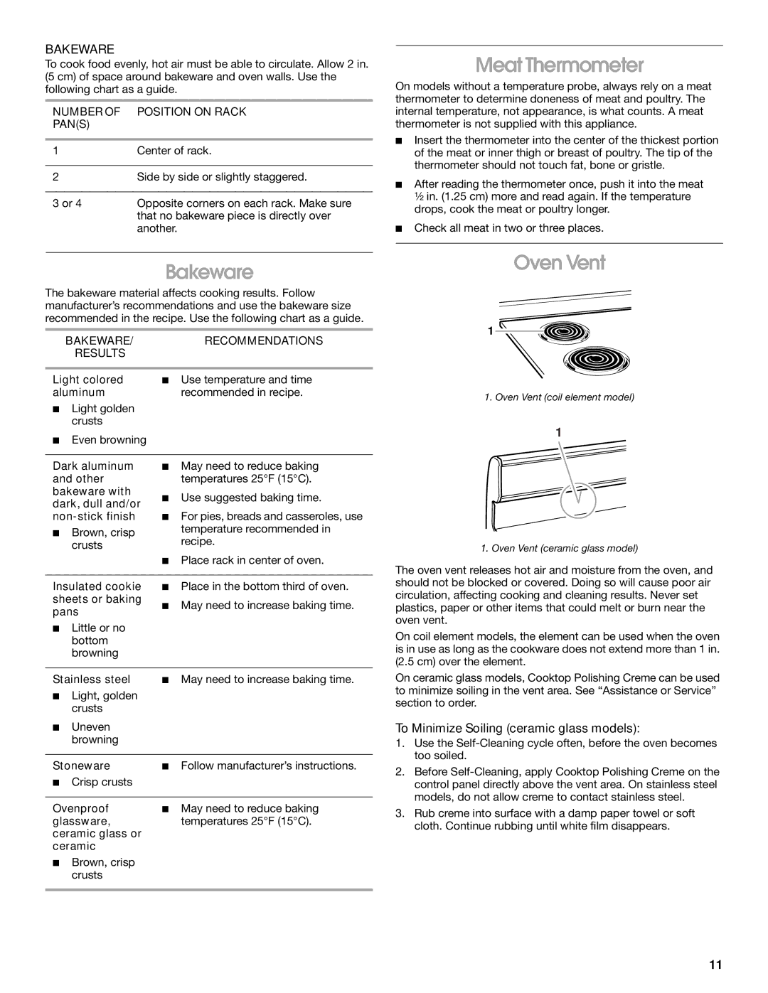 Whirlpool TES355, TES325, TEP315, TEP325 Meat Thermometer, Bakeware, Oven Vent, To Minimize Soiling ceramic glass models 