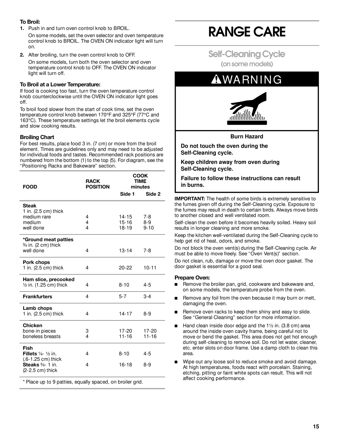 Whirlpool TES355, TES325, TEP315, TEP325 manual Range Care, Self-Cleaning Cycle, To Broil at a Lower Temperature, Prepare Oven 