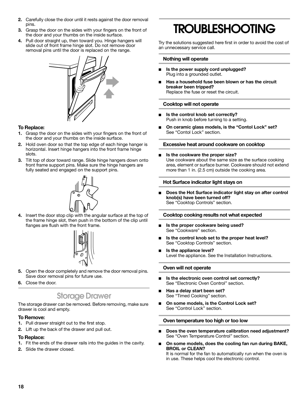 Whirlpool TEP325, TES325, TEP315, TES355 manual Troubleshooting, Storage Drawer 