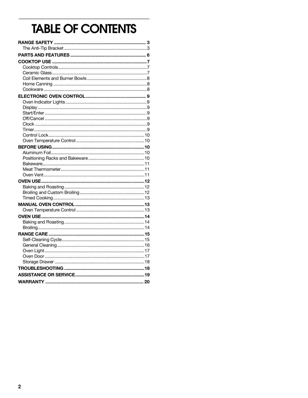 Whirlpool TEP325, TES325, TEP315, TES355 manual Table of Contents 