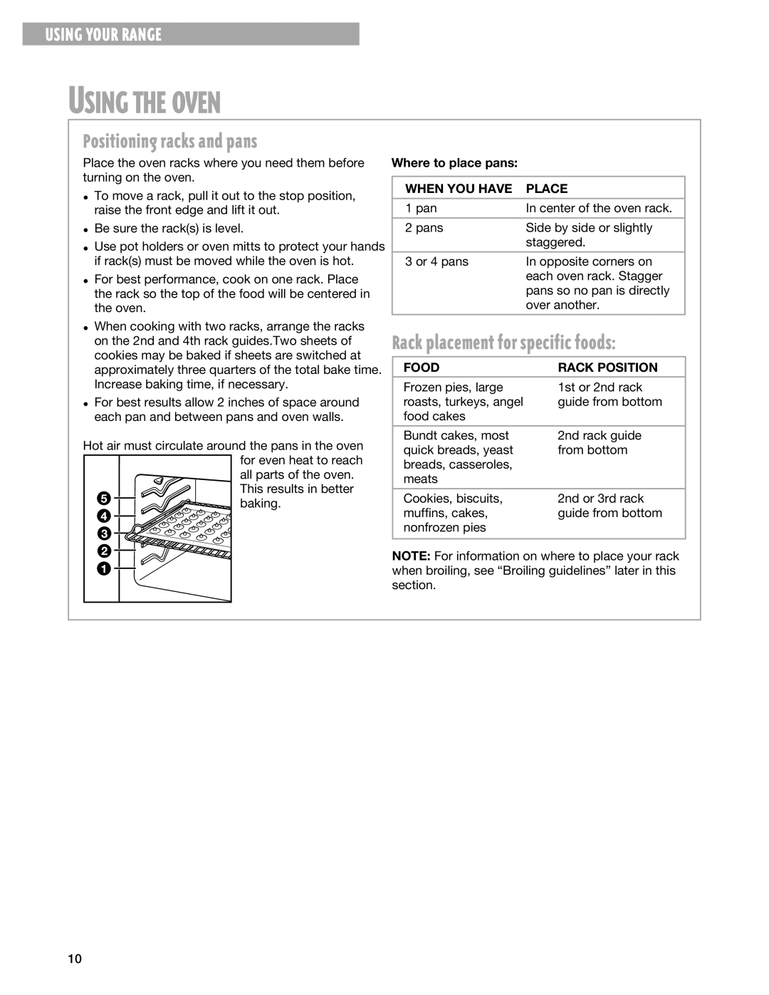 Whirlpool TES325G Positioning racks and pans, Rack placement for specific foods, Where to place pans, When YOU have Place 