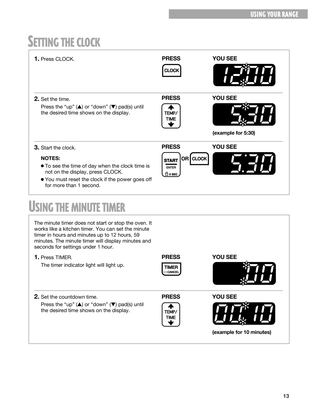 Whirlpool TES325G warranty Setting the Clock, Using the Minute Timer, Example for 10 minutes 