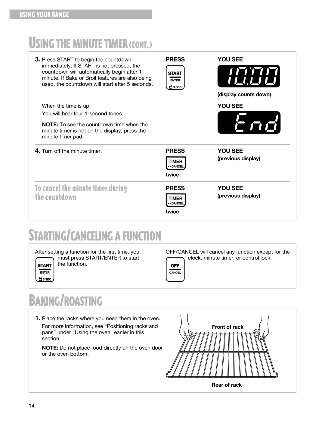 Whirlpool TES325G warranty STARTING/CANCELING a Function, Baking/Roasting 