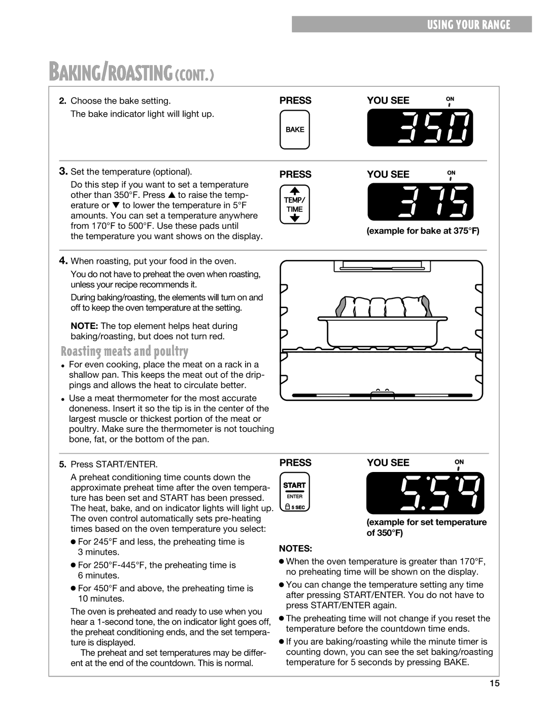 Whirlpool TES325G warranty Roasting meats and poultry, Example for bake at 375F, Example for set temperature, 350F 