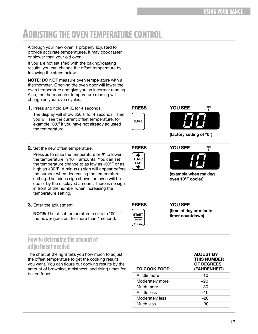 Whirlpool TES325G warranty Factory setting, Adjust by, This Number, Degrees, To Cook Food Fahrenheit 