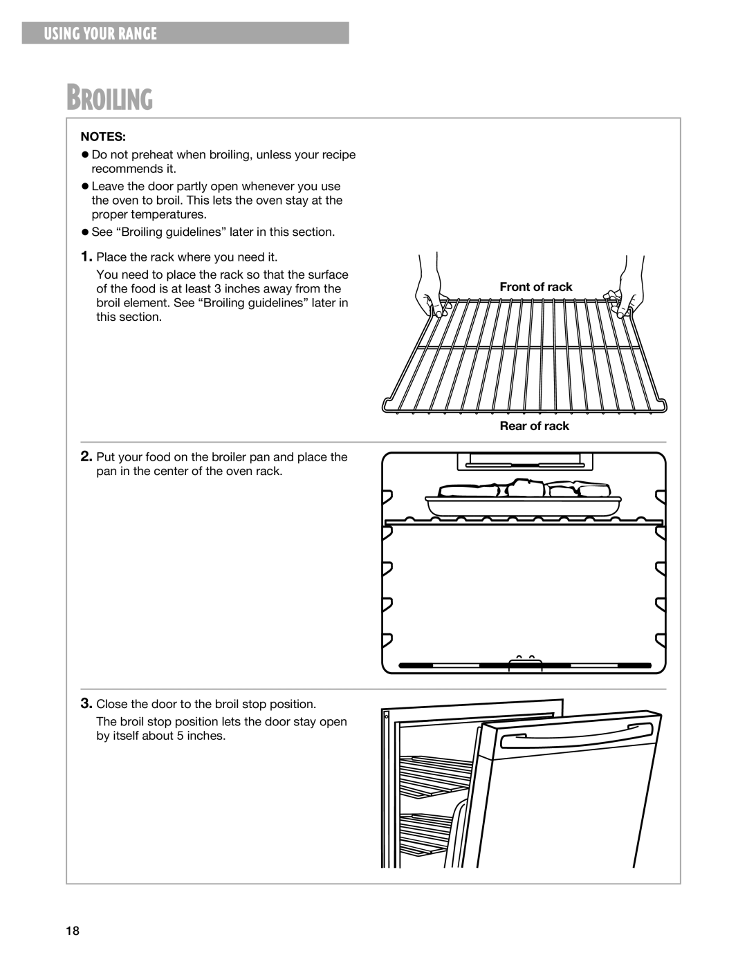 Whirlpool TES325G warranty Broiling, Front of rack Rear of rack 