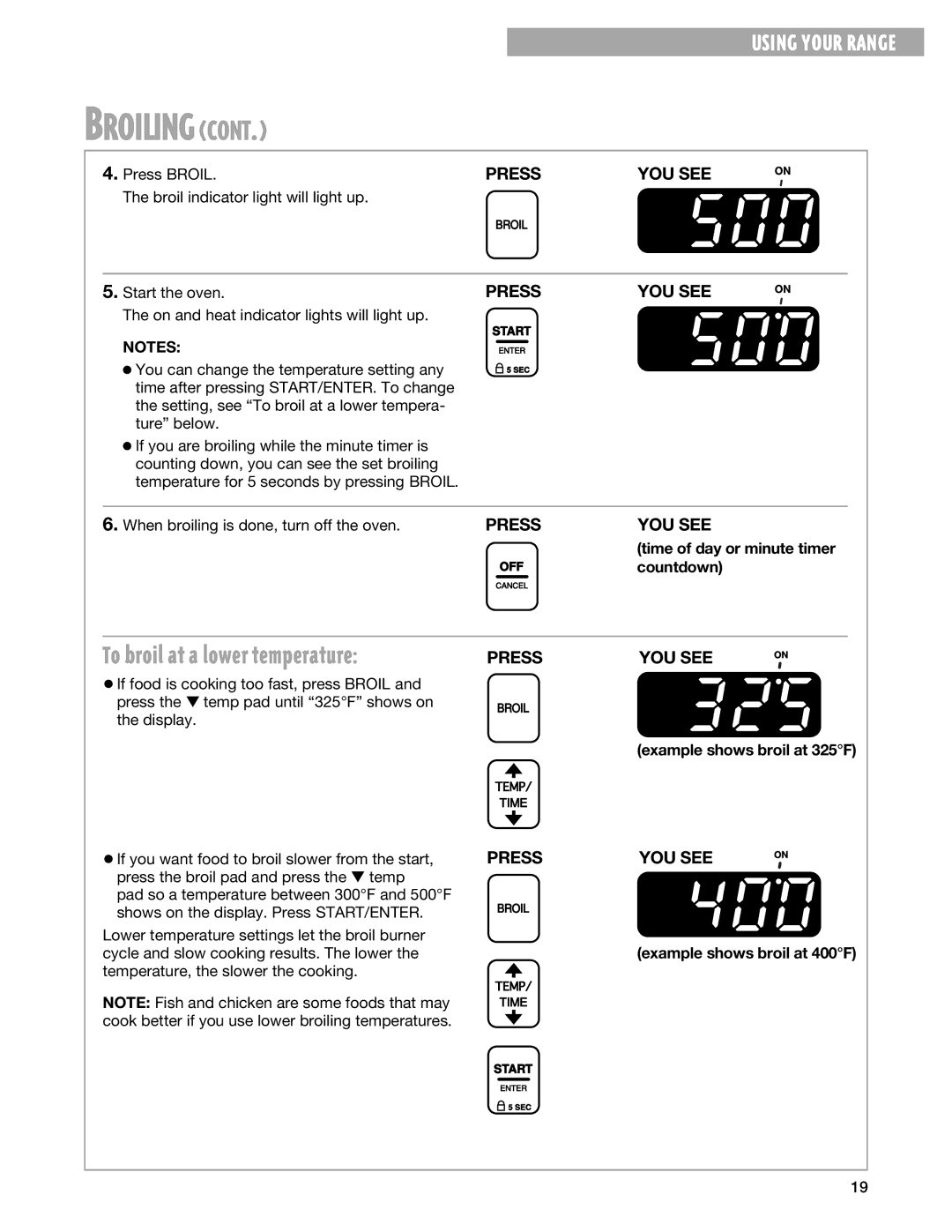 Whirlpool TES325G warranty When broiling is done, turn off the oven, Countdown, Example shows broil at 325F 