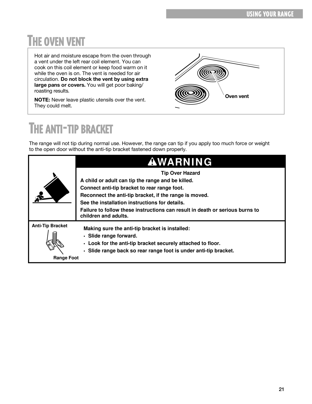 Whirlpool TES325G warranty Oven Vent, ANTI-TIP Bracket, Oven vent 