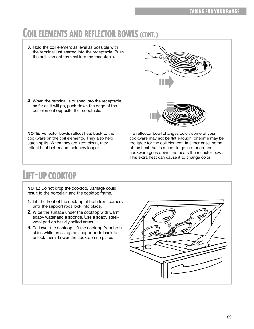 Whirlpool TES325G warranty LIFT-UP Cooktop, Coil Elements and Reflector Bowls 