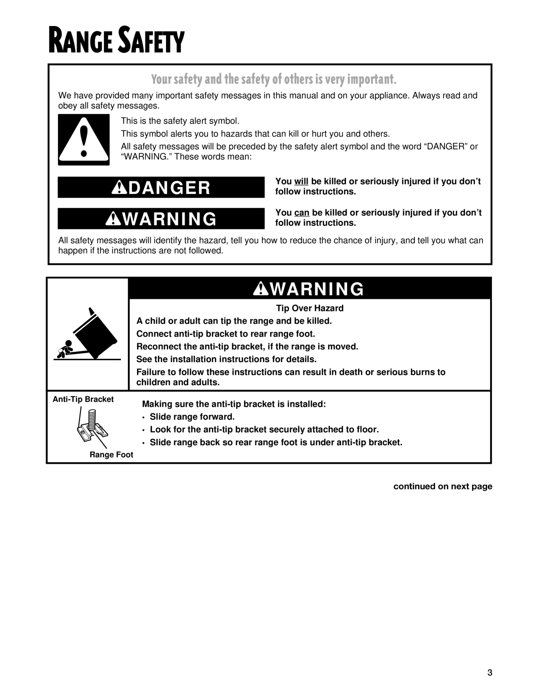 Whirlpool TES325G warranty Range Safety, On next 