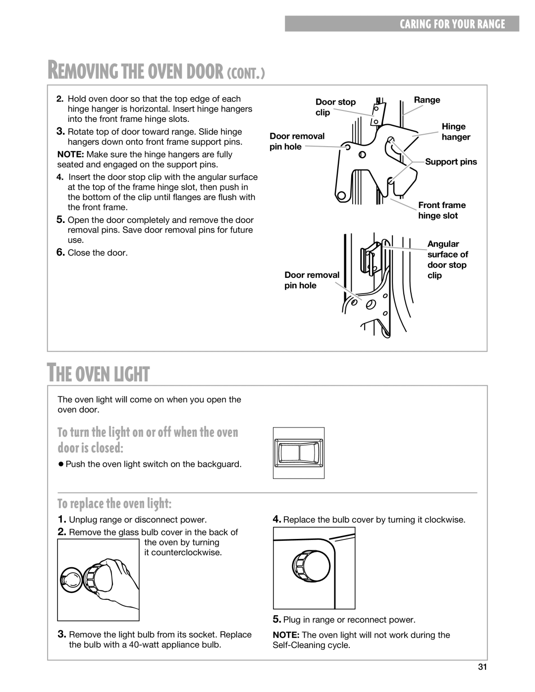 Whirlpool TES325G warranty Oven Light, To replace the oven light 