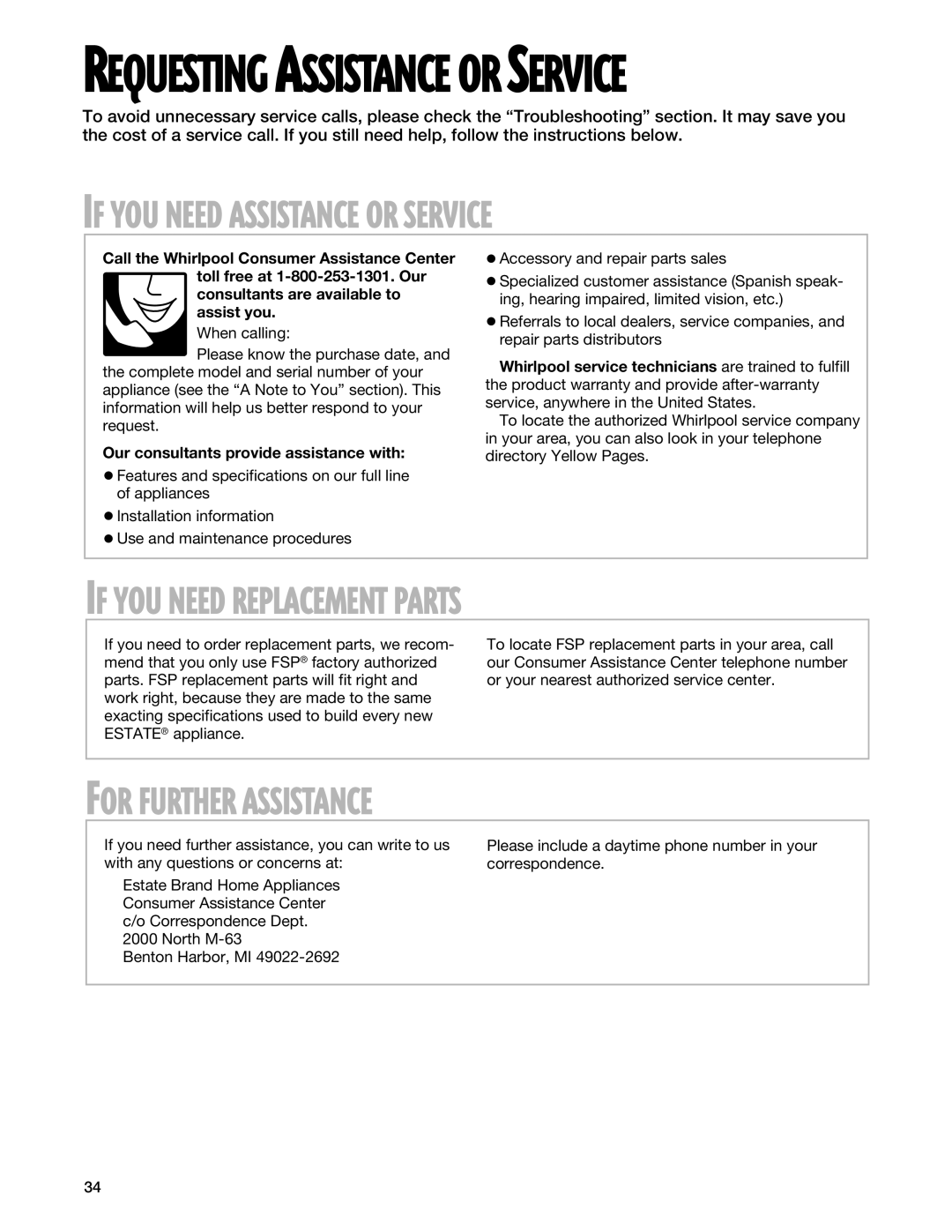 Whirlpool TES325G warranty If YOU Need Assistance or Service, If YOU Need Replacement Parts, For Further Assistance 