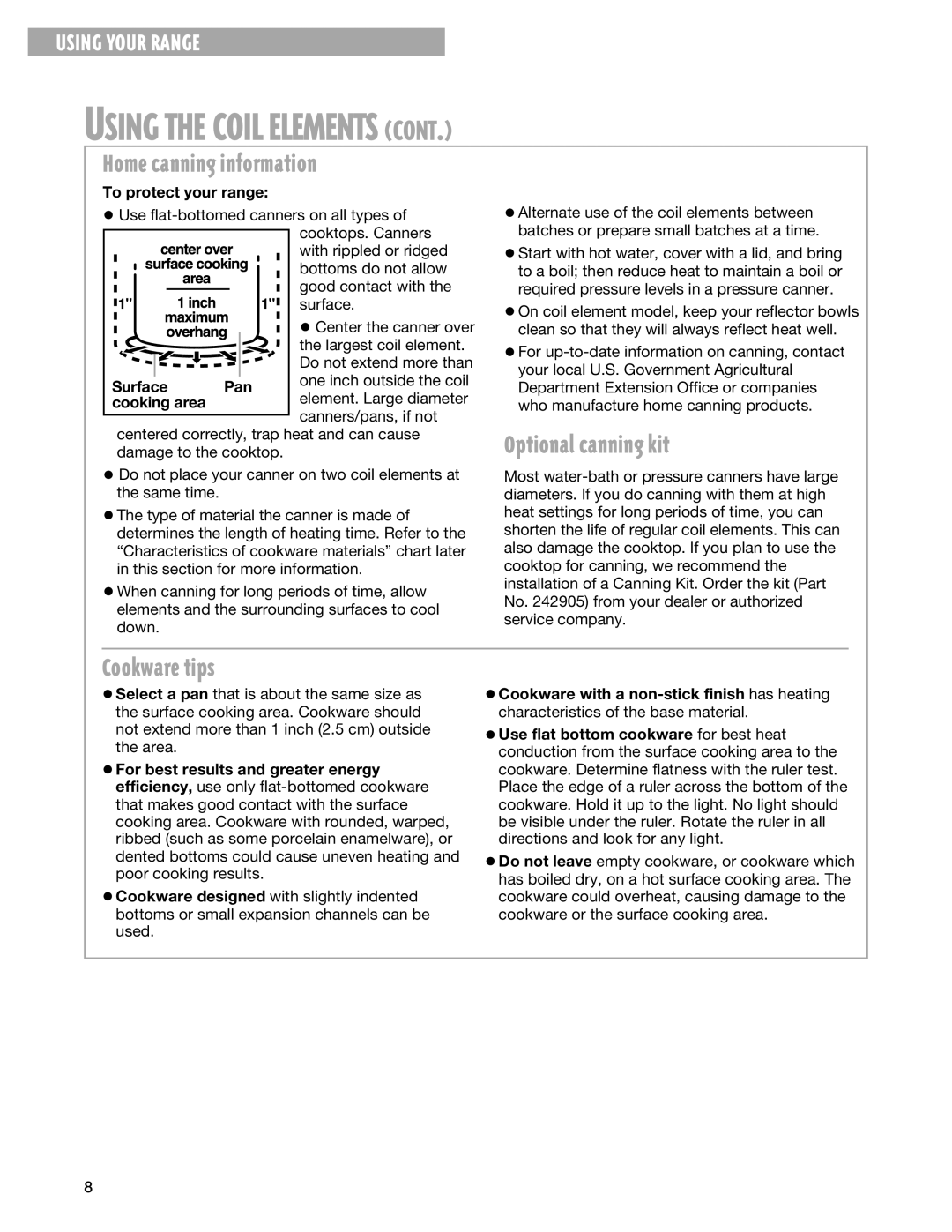 Whirlpool TES325G warranty Home canning information, Optional canning kit, Cookware tips 