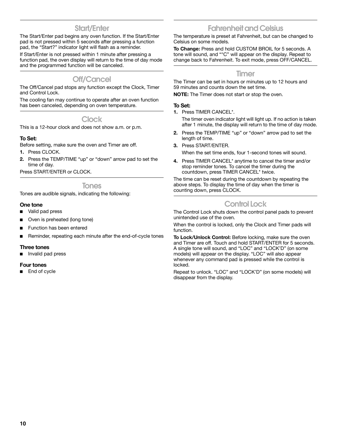 Whirlpool TES325MQ1 manual Start/Enter, Off/Cancel, Clock, Tones, Fahrenheit and Celsius, Timer, Control Lock 