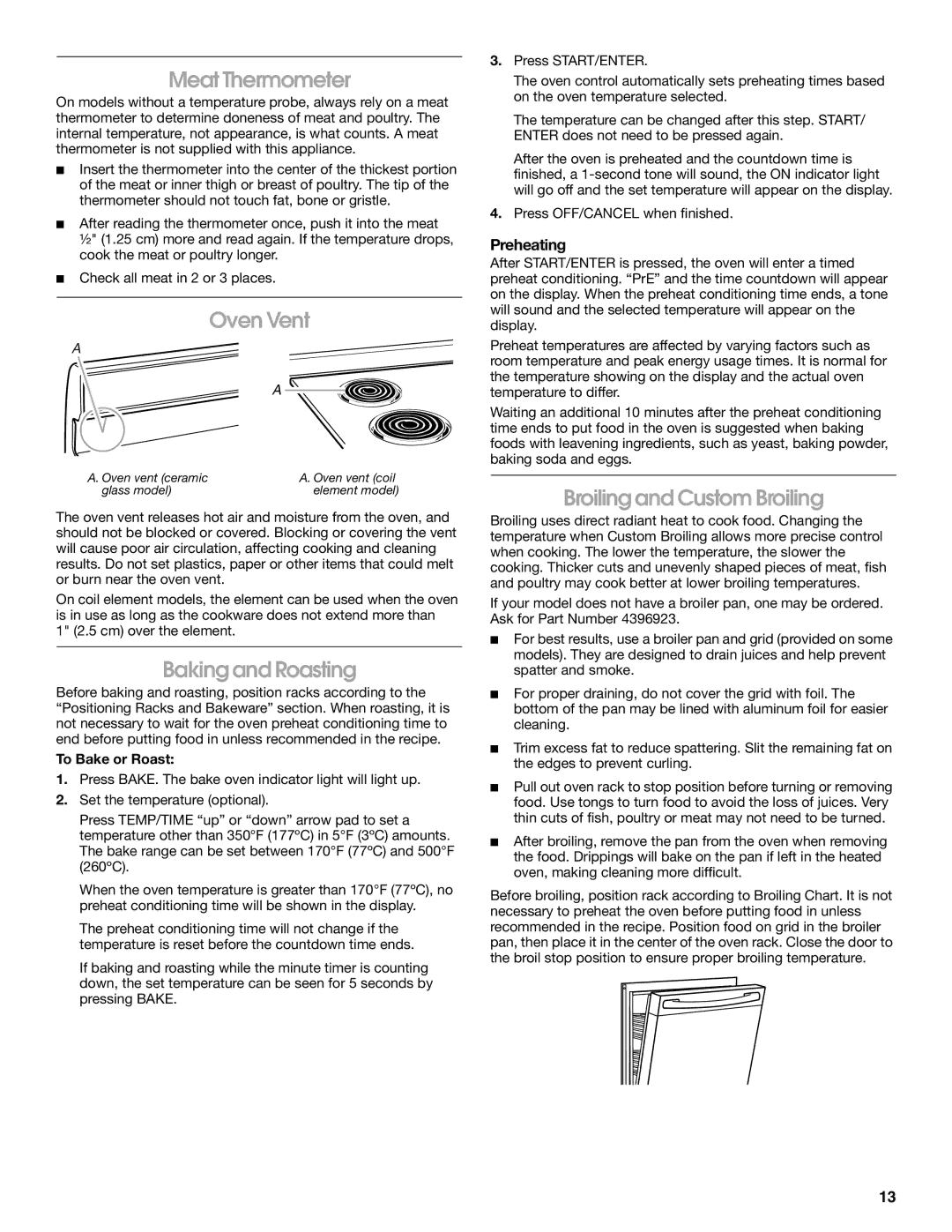 Whirlpool TES325MQ1 manual Meat Thermometer, Oven Vent, Baking and Roasting, Broiling and Custom Broiling, Preheating 