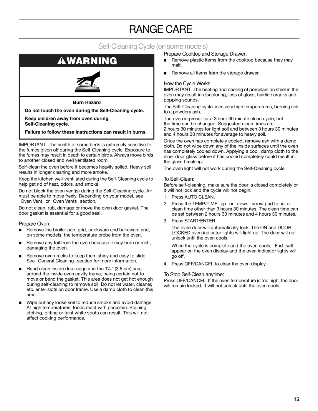 Whirlpool TES325MQ1 manual Range Care, Self-Cleaning Cycle on some models 