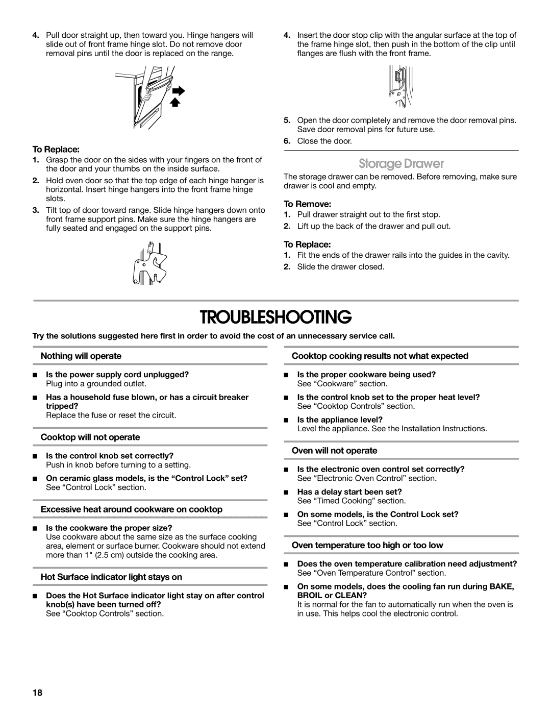 Whirlpool TES325MQ1 manual Troubleshooting, Storage Drawer 