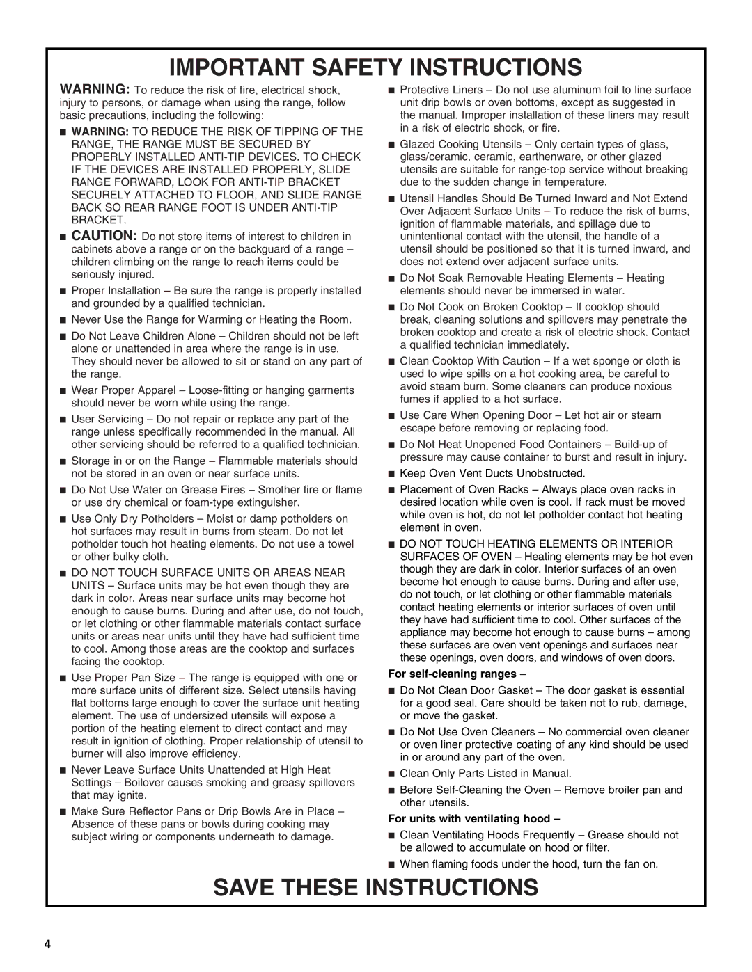 Whirlpool TES325MQ1 manual Important Safety Instructions 