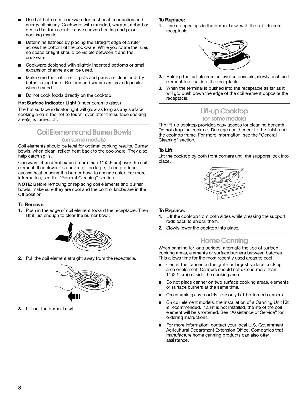 Whirlpool TES325MQ1 manual Coil Elements and Burner Bowls, Lift-up Cooktop, Home Canning 