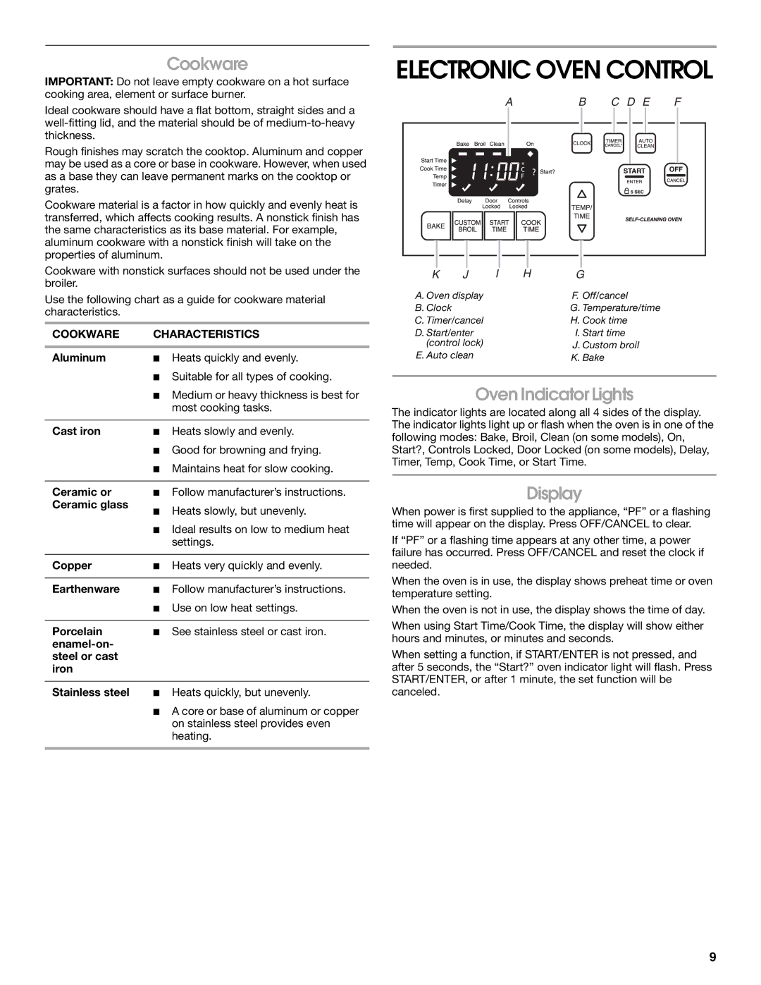 Whirlpool TES325MQ1 manual Oven Indicator Lights, Display, Cookware Characteristics 