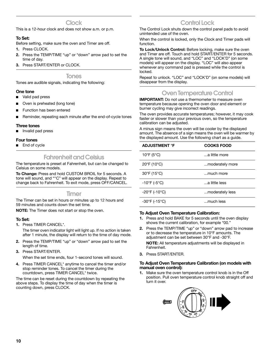 Whirlpool TES325MQ2 manual Clock, Tones, Fahrenheit and Celsius, Timer, Control Lock, Oven Temperature Control 