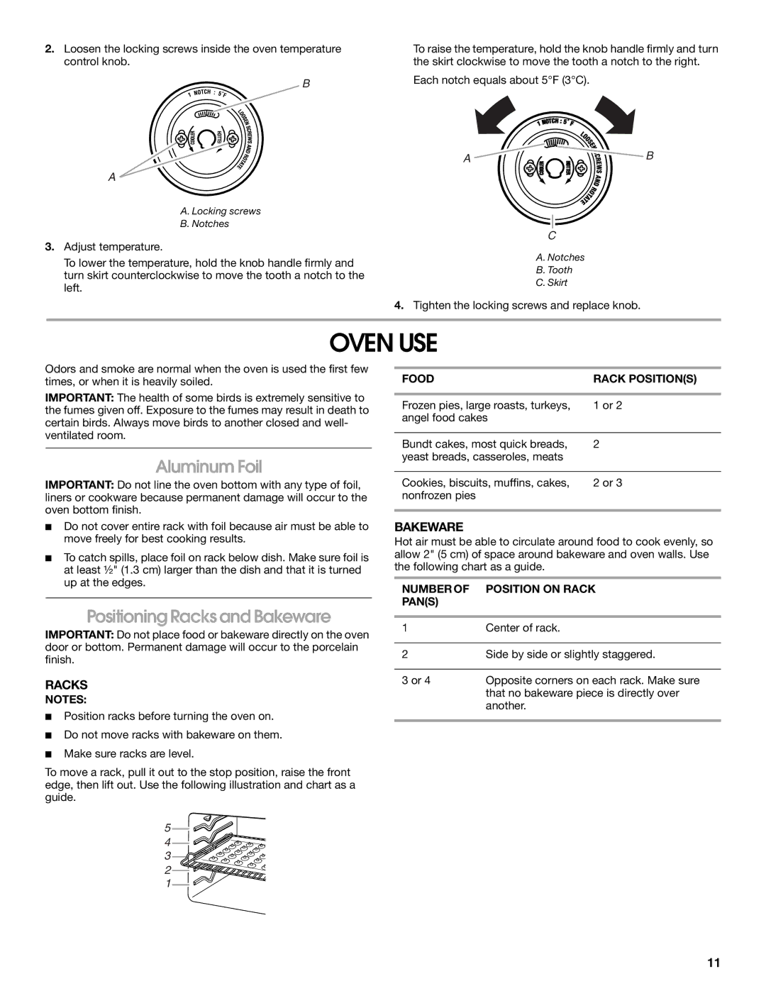 Whirlpool TES325MQ2 manual Oven USE, Aluminum Foil, Positioning Racks and Bakeware, Food Rack Positions 