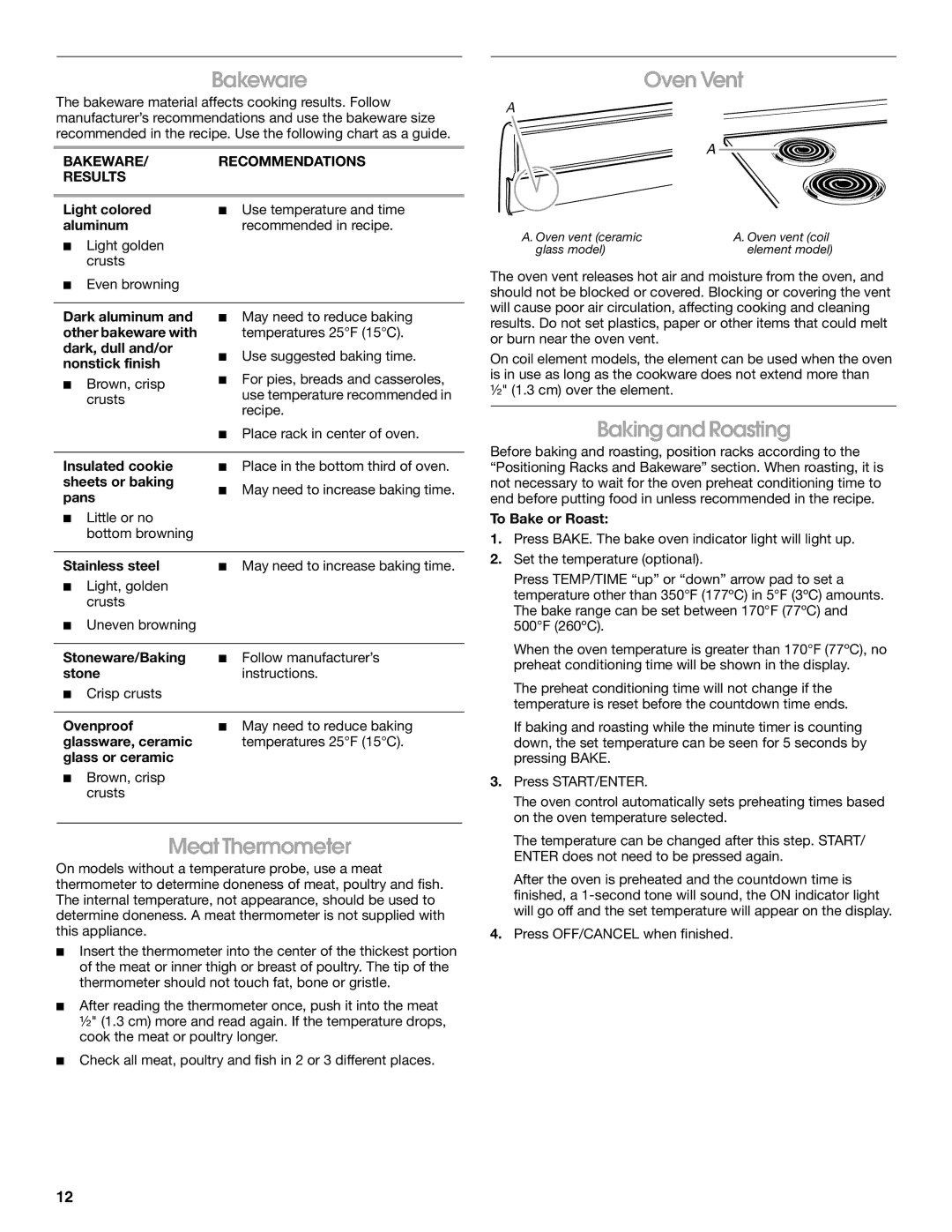 Whirlpool TES325MQ2 manual Oven Vent, Baking and Roasting, Meat Thermometer, Bakeware Recommendations Results 