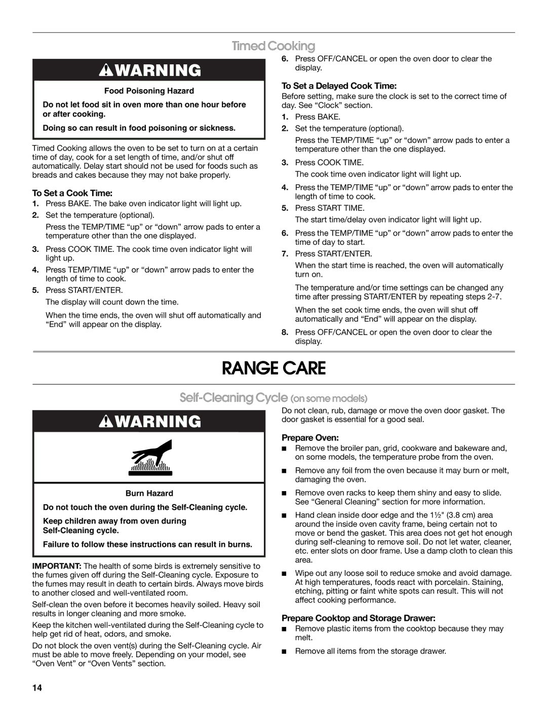 Whirlpool TES325MQ2 manual Range Care, Timed Cooking, Self-Cleaning Cycle on some models 