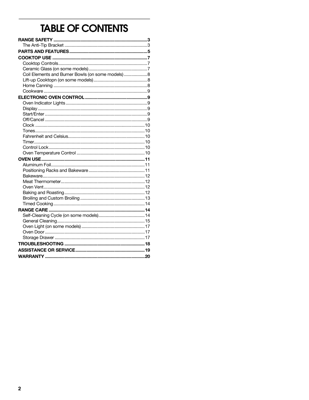 Whirlpool TES325MQ2 manual Table of Contents 