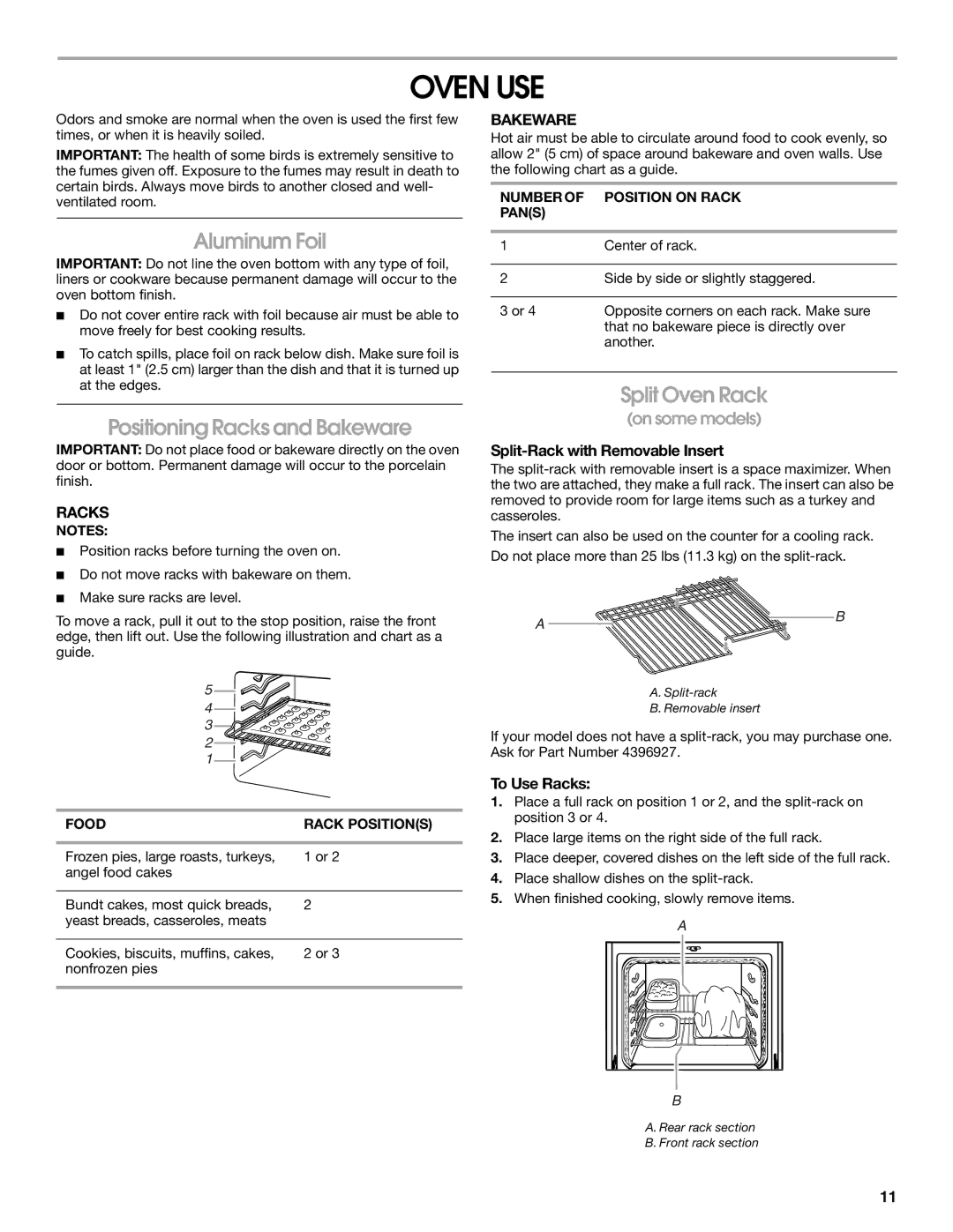 Whirlpool TES326RD0 manual Oven USE, Aluminum Foil, Positioning Racks and Bakeware, Split Oven Rack 