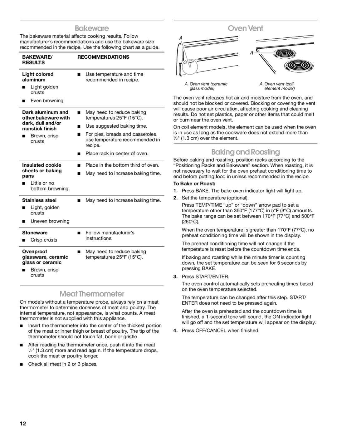 Whirlpool TES326RD0 manual Oven Vent, Baking and Roasting, Meat Thermometer, Bakeware Recommendations Results 