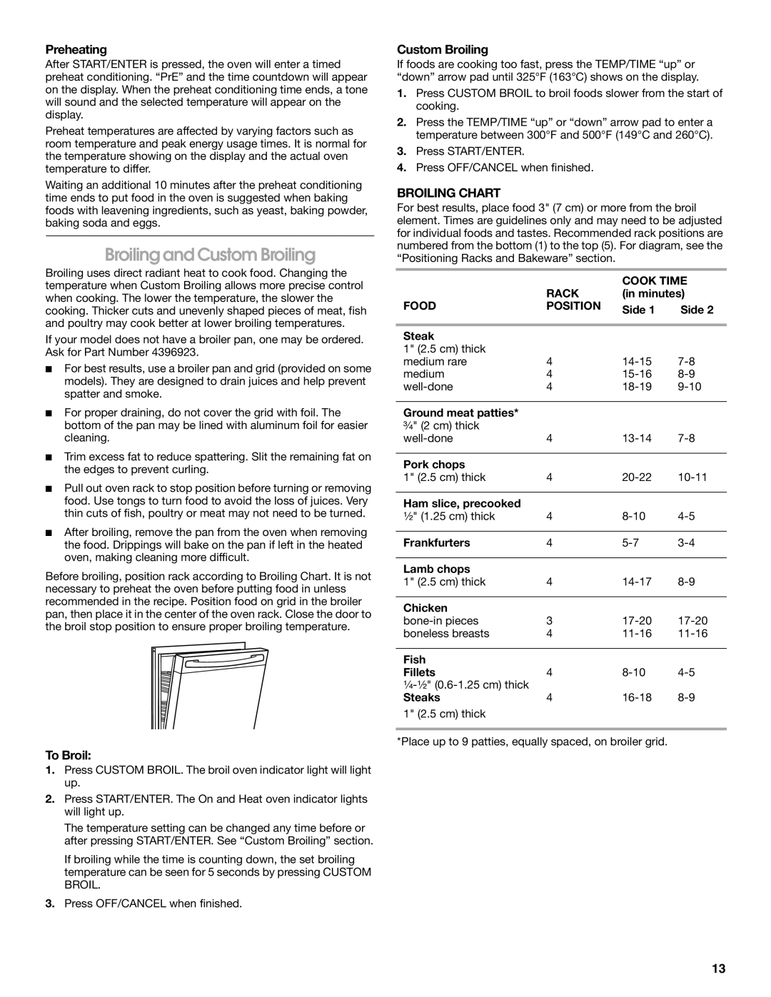 Whirlpool TES326RD0 manual Broiling and Custom Broiling, Preheating, To Broil, Broiling Chart 