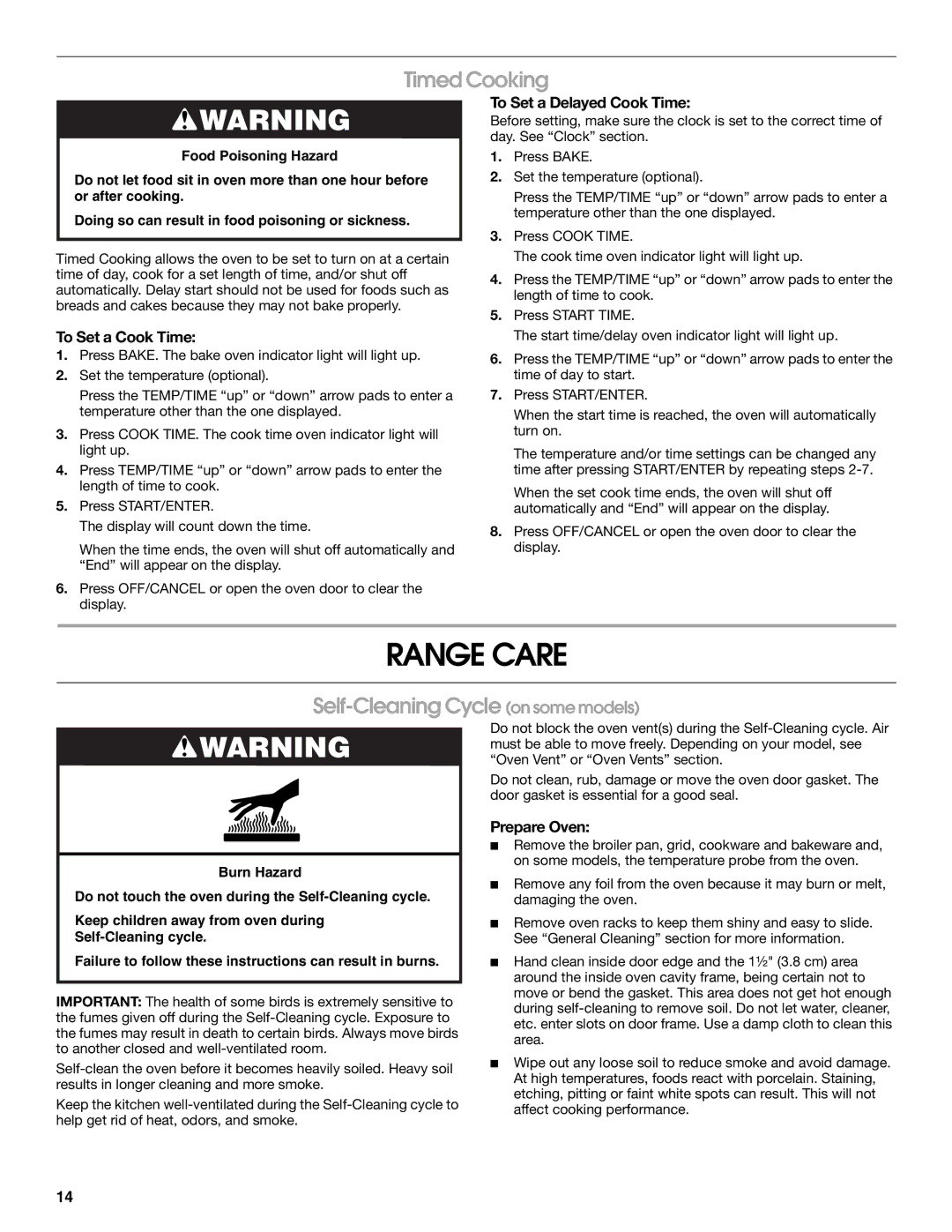 Whirlpool TES326RD0 manual Range Care, Timed Cooking, Self-Cleaning Cycle on some models 