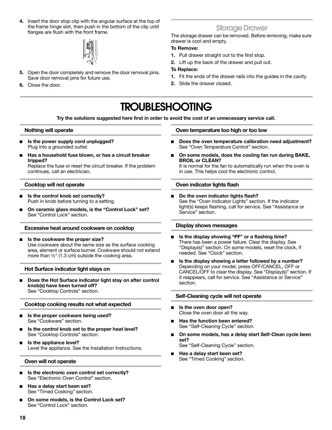 Whirlpool TES326RD0 manual Troubleshooting, Storage Drawer 