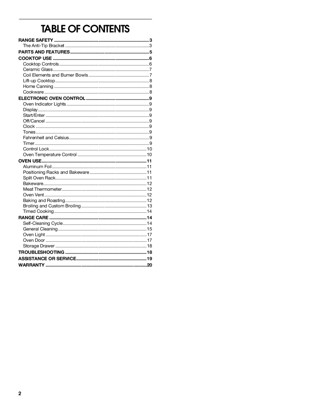 Whirlpool TES326RD0 manual Table of Contents 