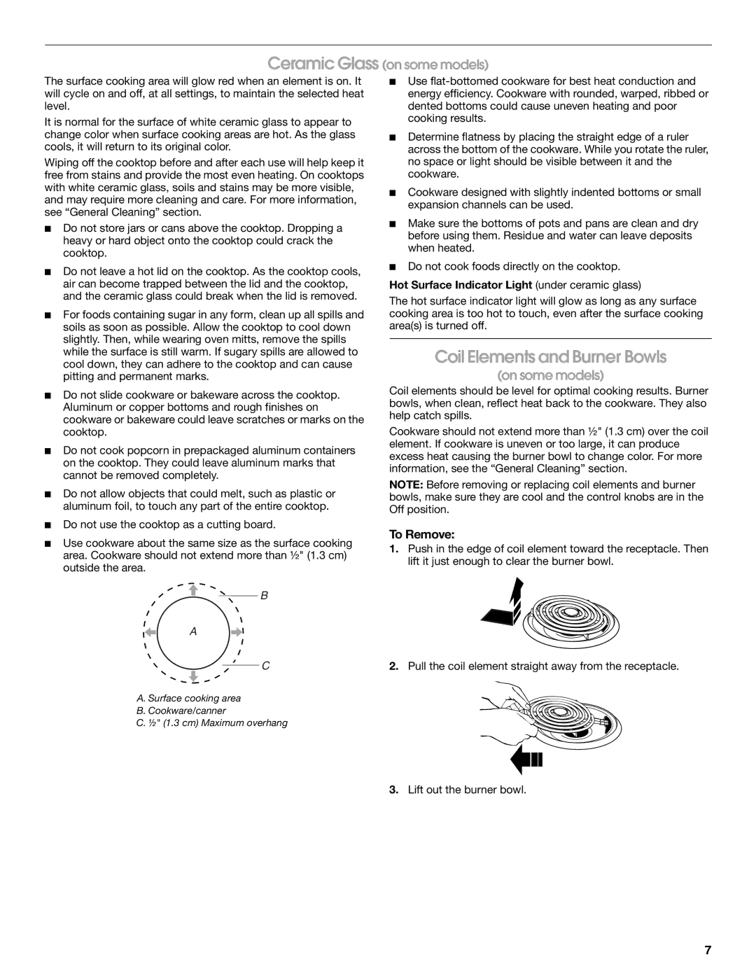 Whirlpool TES326RD0 manual Coil Elements and Burner Bowls, To Remove, Hot Surface Indicator Light under ceramic glass 