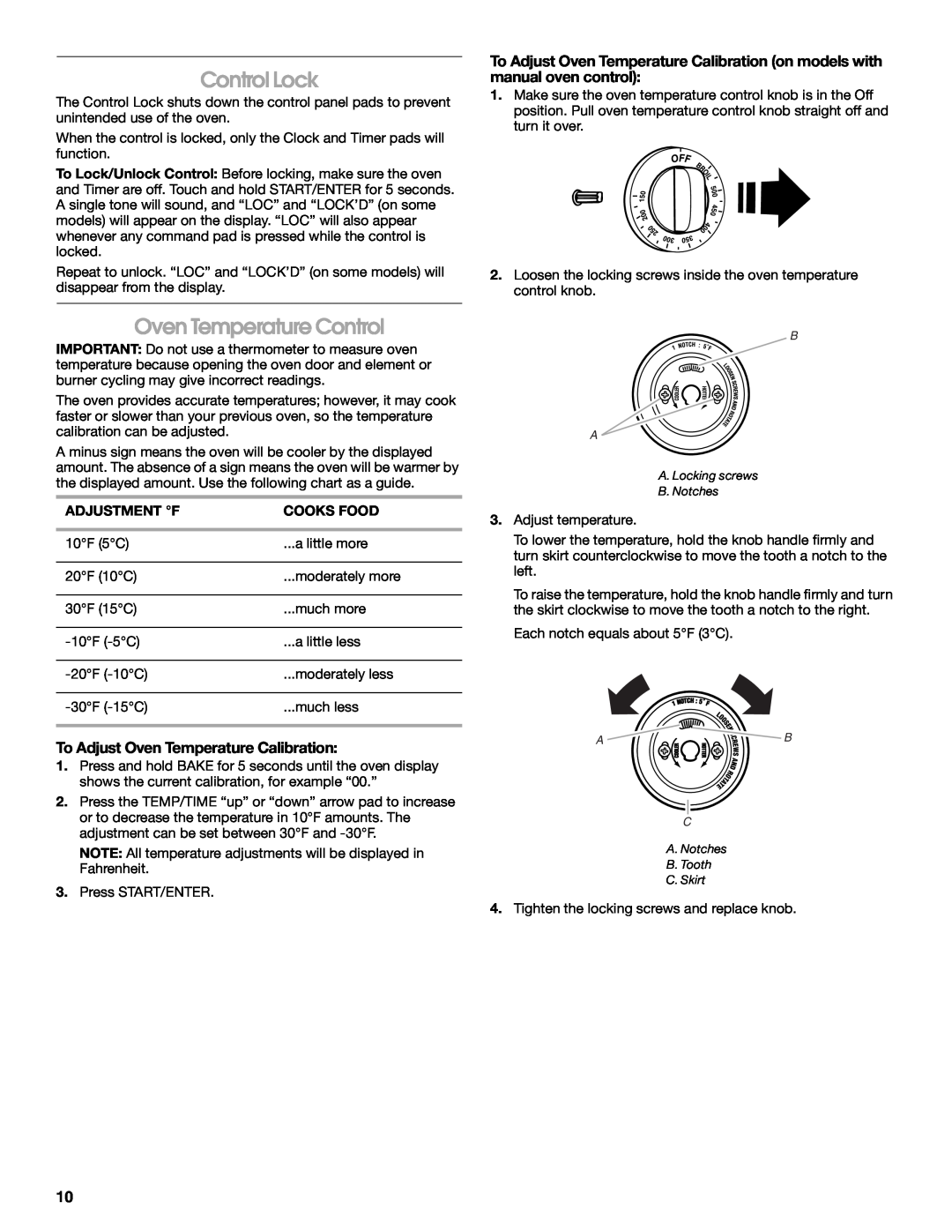 Whirlpool TES326RD0 manual Control Lock, Oven Temperature Control, To Adjust Oven Temperature Calibration 