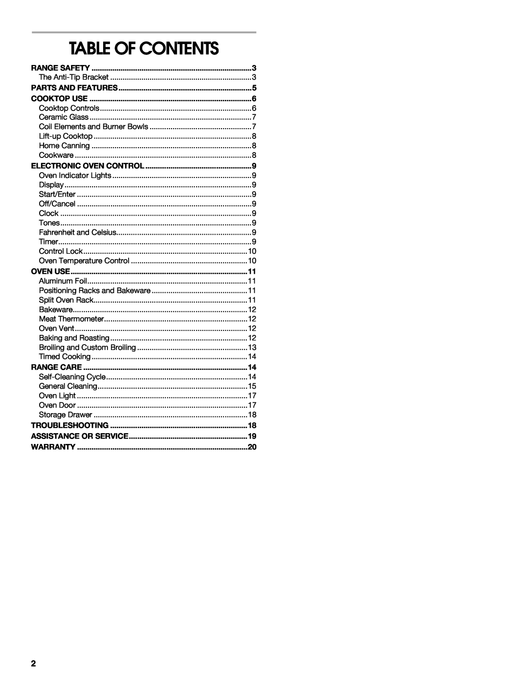 Whirlpool TES326RD0 manual Table Of Contents 