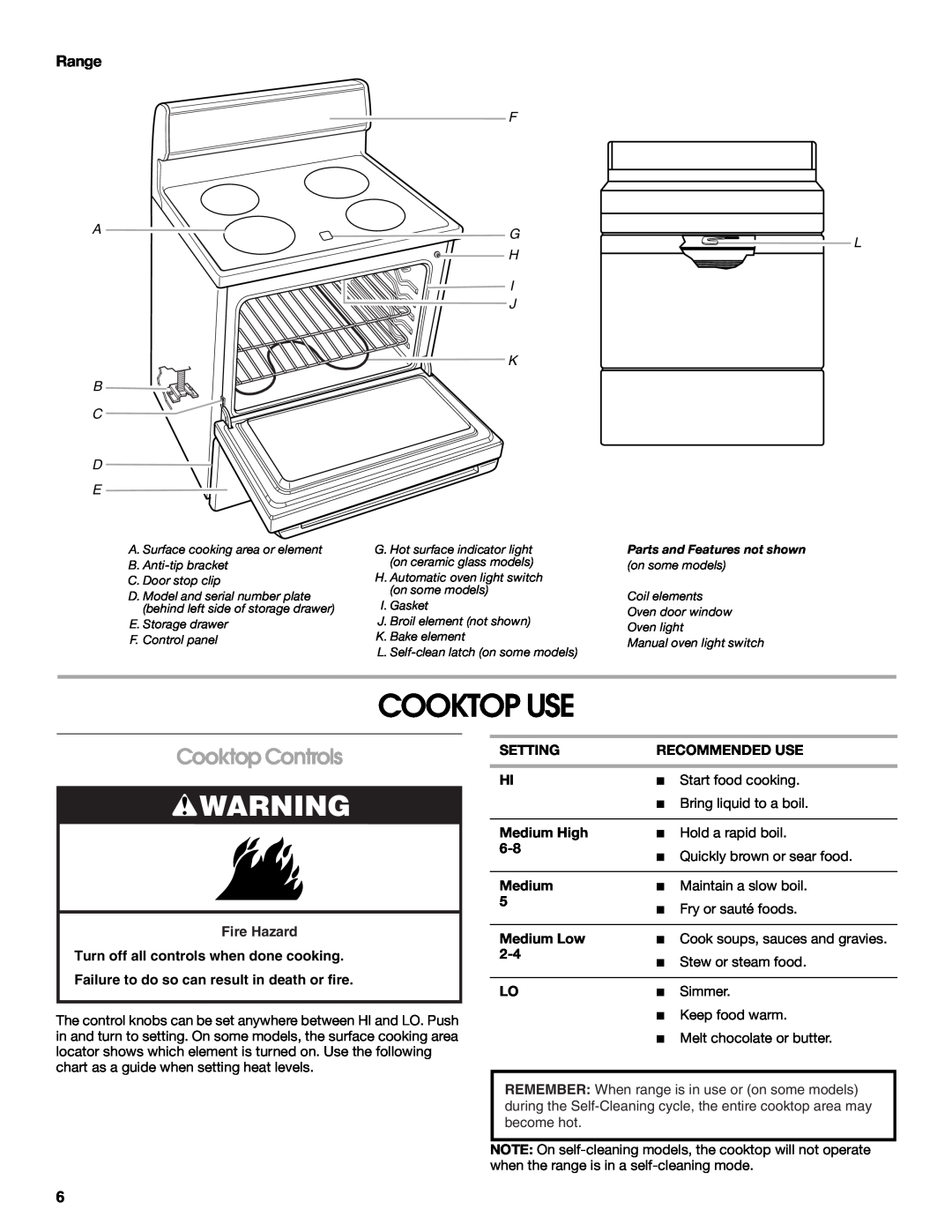 Whirlpool TES326RD0 manual Cooktop Use, Cooktop Controls, Range, F A G H I J K B C D E 