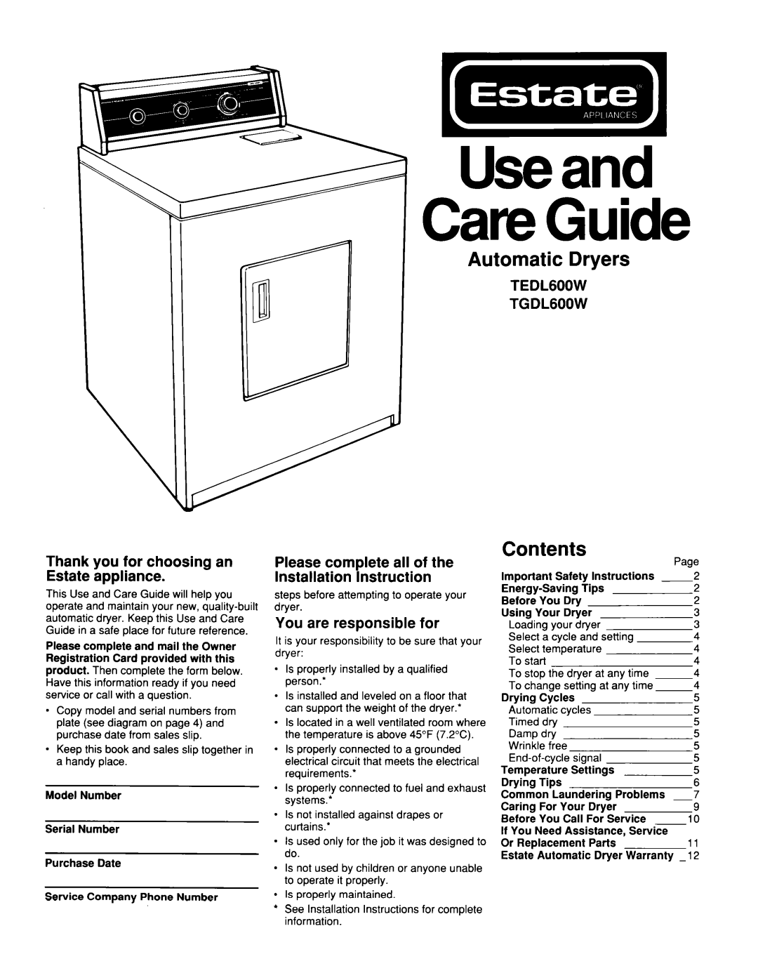 Whirlpool TEDL600W, TGDL600W installation instructions Automatic Dryers, Contents 