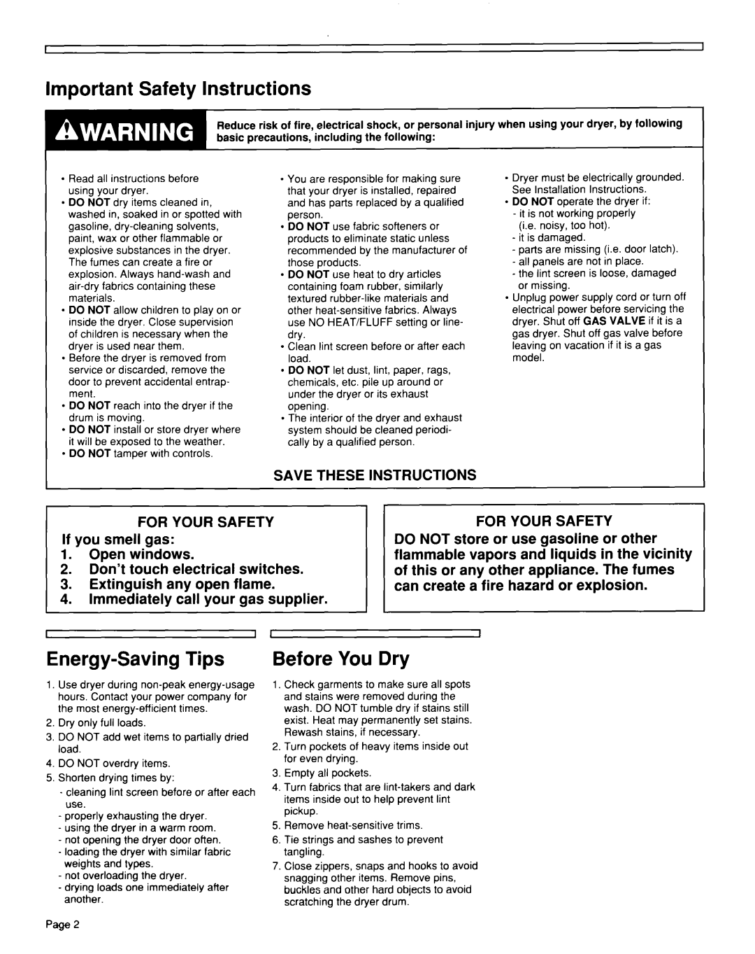 Whirlpool TGDL600W, TEDL600W Important Safety Instructions, Energy-Saving Tips, Before You Dry, For Your Safety, Page2 