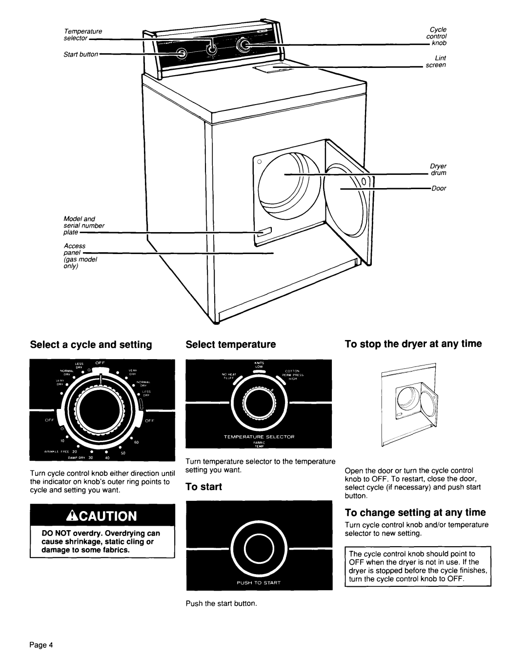 Whirlpool TGDL600W, TEDL600W installation instructions To start, To change setting at any time, Cycle and setting you want 