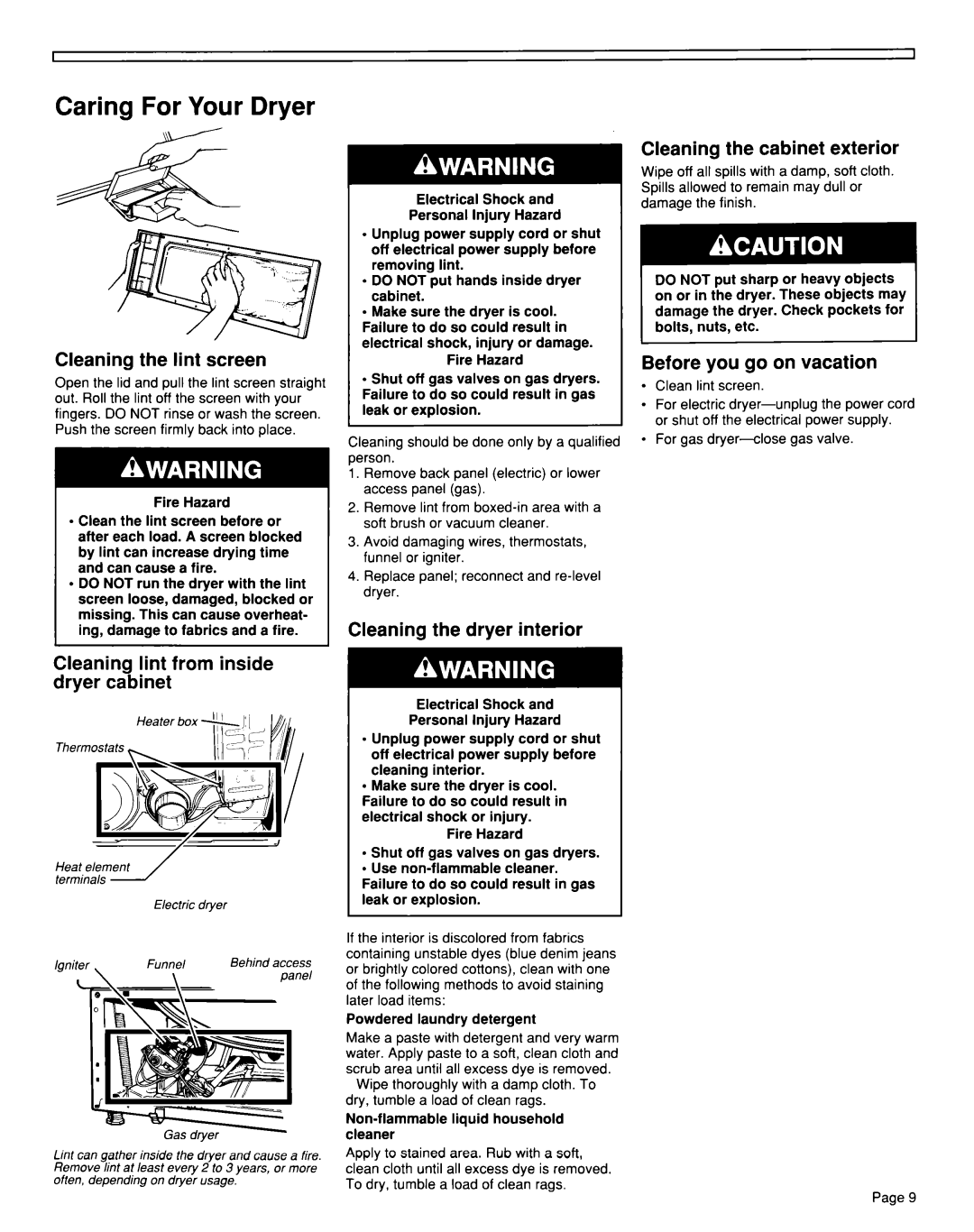 Whirlpool TEDL600W, TGDL600W installation instructions Caring For Your Dryer 