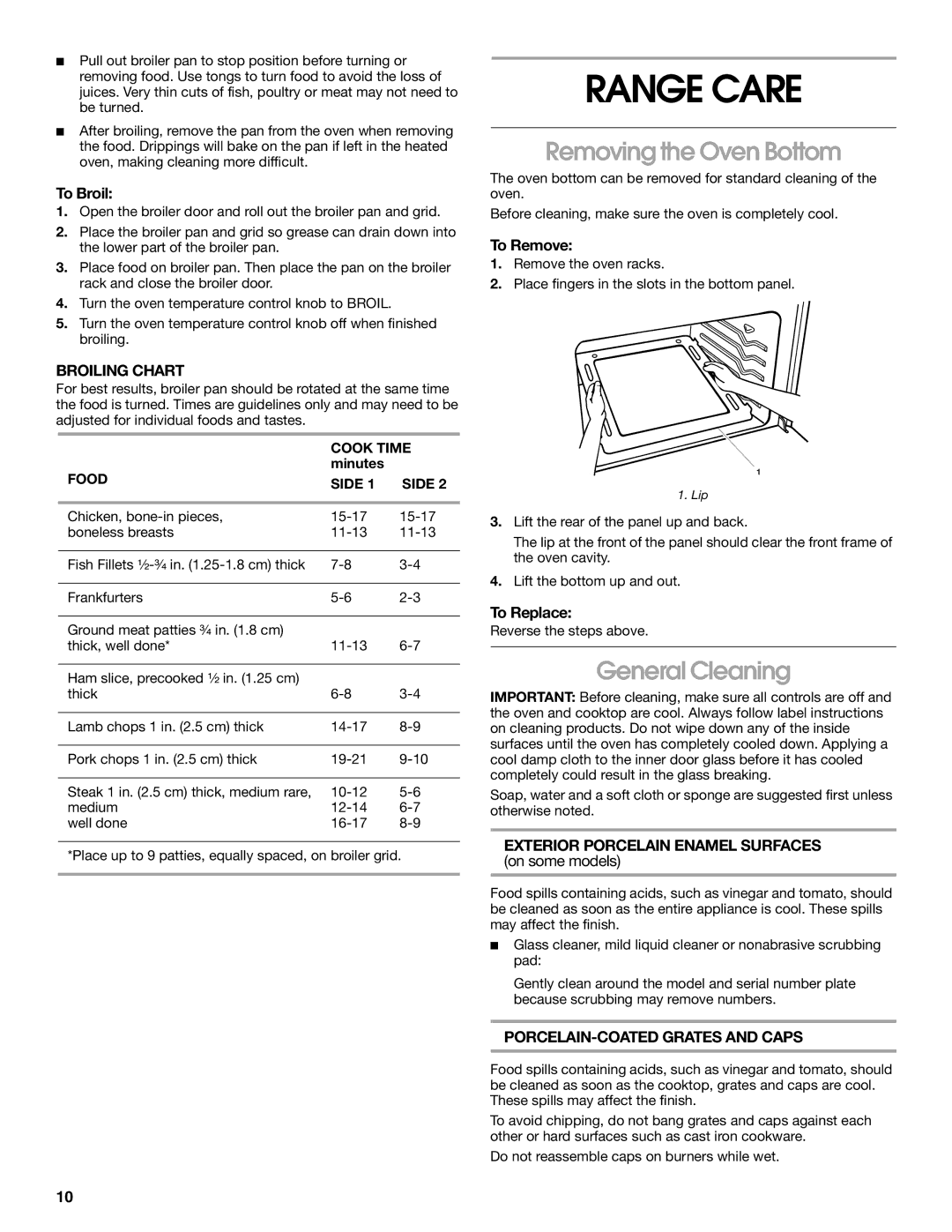 Whirlpool TGP302LW2 manual Range Care, Removing the Oven Bottom, General Cleaning 