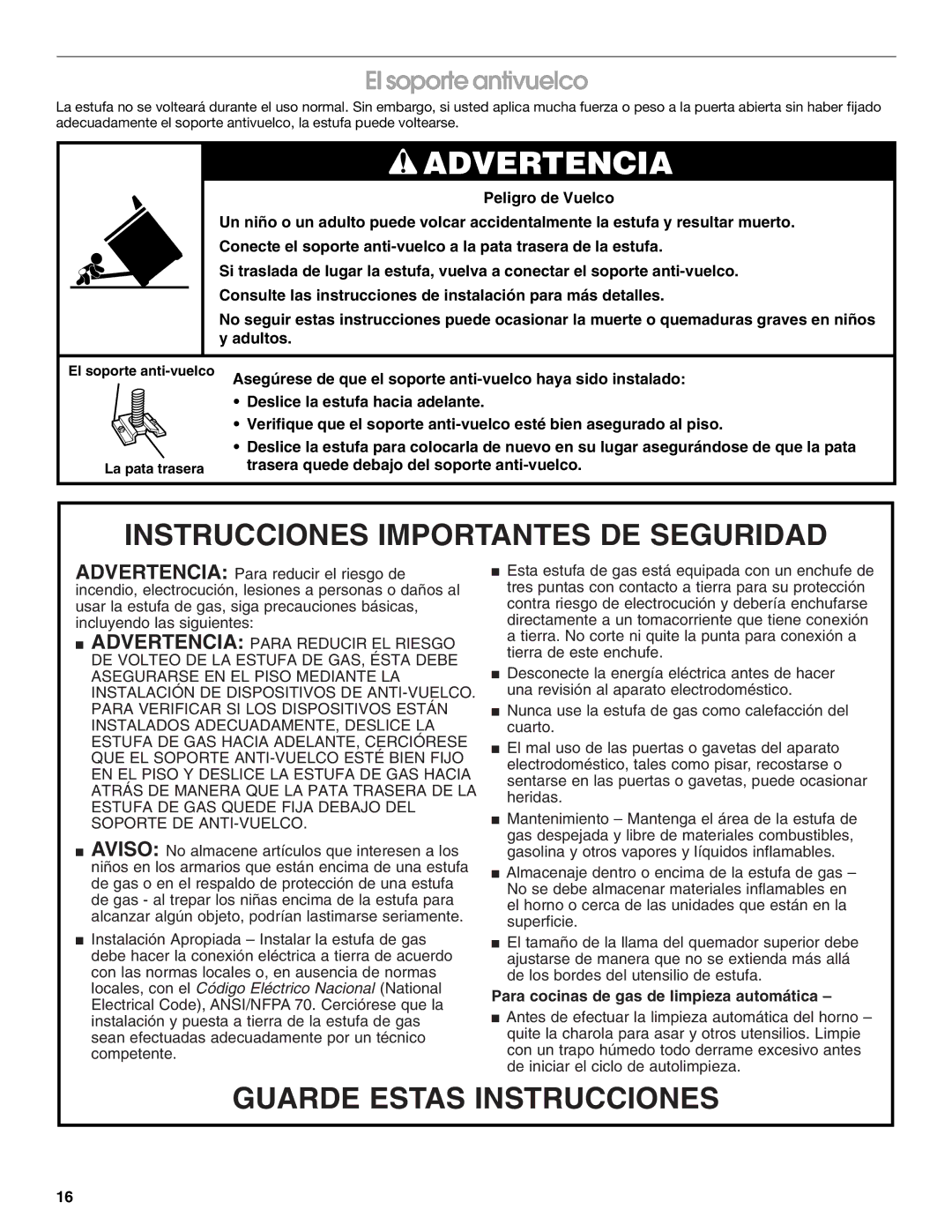 Whirlpool TGP302LW2 manual Advertencia, El soporte antivuelco 