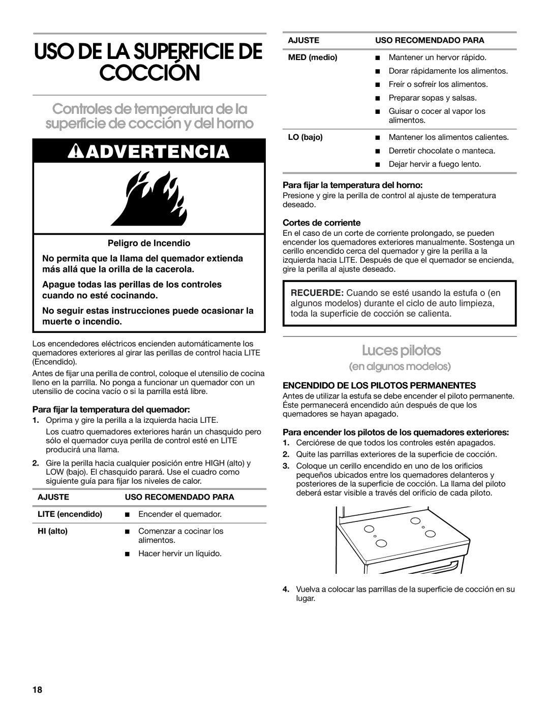 Whirlpool TGP302LW2 manual Cocción, Luces pilotos, Encendido DE LOS Pilotos Permanentes 