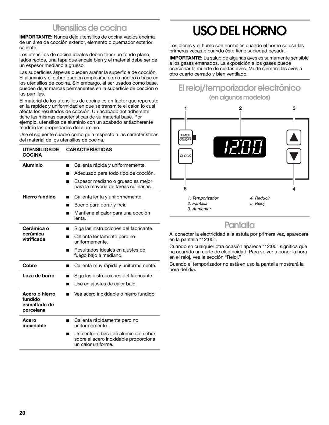 Whirlpool TGP302LW2 manual USO DEL Horno, Utensilios de cocina, El reloj/temporizador electrónico, Pantalla 