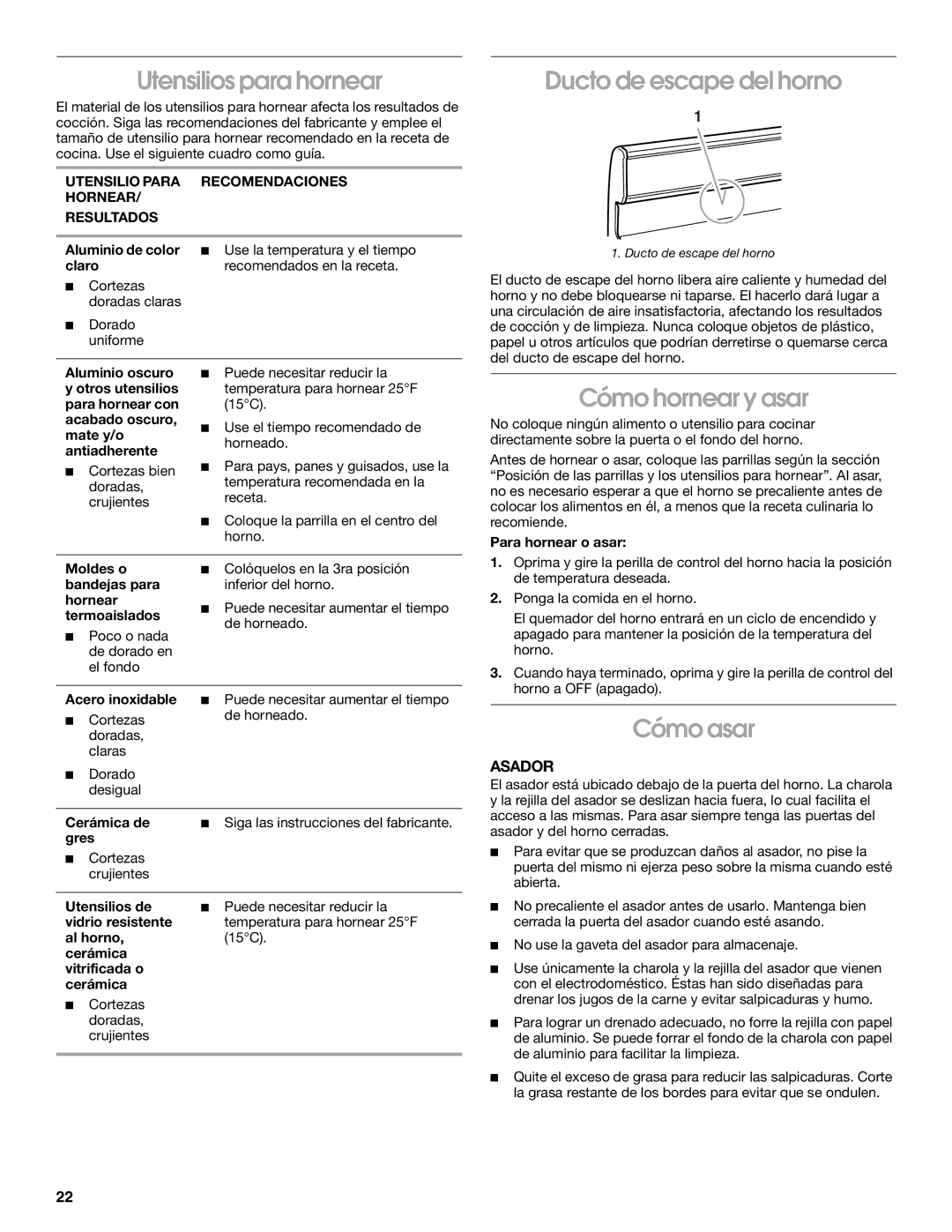 Whirlpool TGP302LW2 manual Utensilios para hornear, Ducto de escape del horno, Cómo hornear y asar, Cómo asar, Asador 