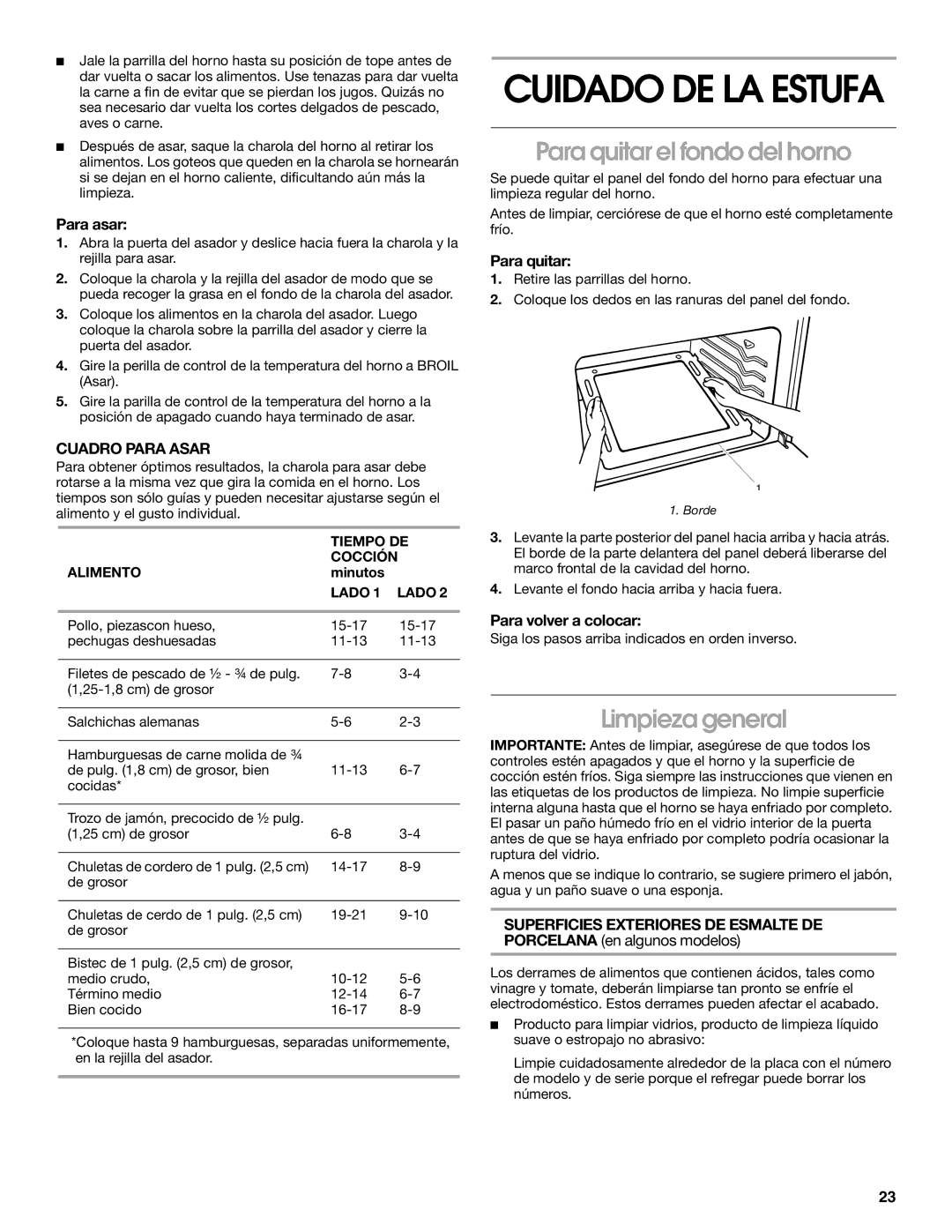 Whirlpool TGP302LW2 manual Cuidado DE LA Estufa, Para quitar el fondo del horno, Limpieza general, Cuadro Para Asar 