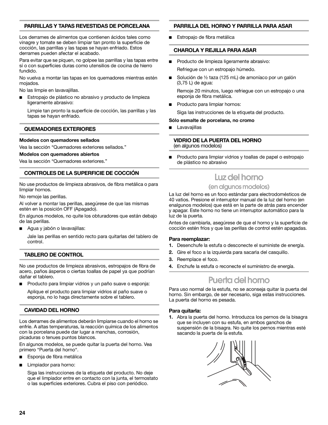 Whirlpool TGP302LW2 manual Luz del horno, Puerta del horno 